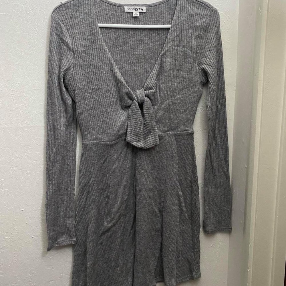 Gray Tie Front Soft Long Sleeve Dress